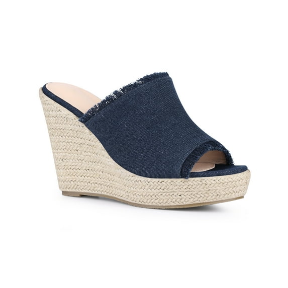 BLISSFUL STEP Open Toe Platform Espadrille Denim Wedge Heel Slide Sandal for Women Dark Blue 7