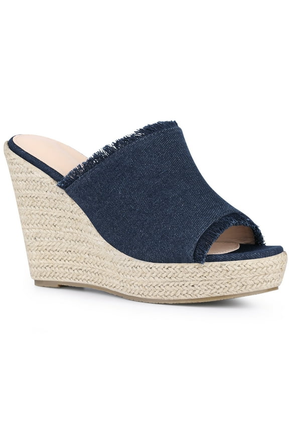 Open Toe Platform Espadrille Denim Wedge Heel Slide Sandal for Women Dark Blue 7