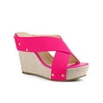 thumbnail image 1 of BLISSFUL STEP Women's Shoes Platform Wedge Cross Strap Studs Fabric Upper Open Toe Heels Sandals  Hot Pink 6, 1 of 6