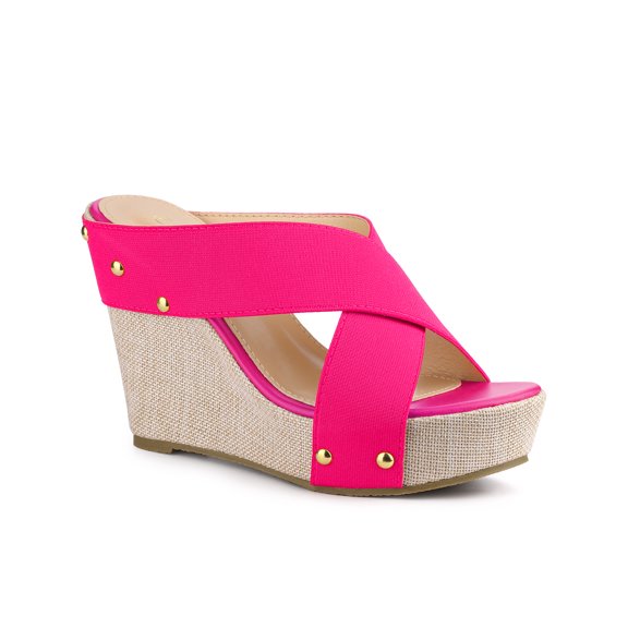 BLISSFUL STEP Women's Shoes Platform Wedge Cross Strap Studs Fabric Upper Open Toe Heels Sandals  Hot Pink 6