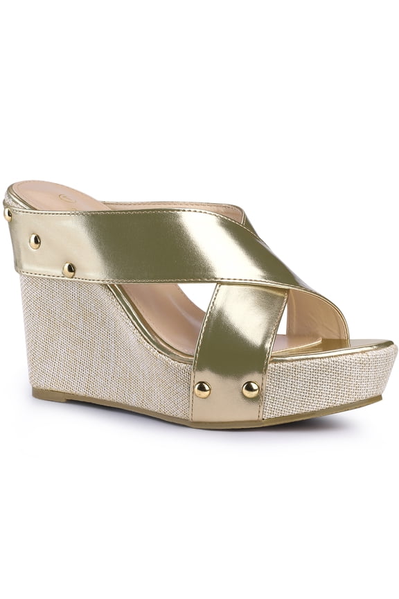 Women's Shoes Platform Wedge Cross Strap Studs Fabric Upper Open Toe Heels Sandals  Gold 9