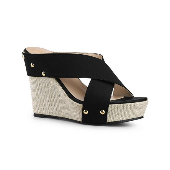 BLISSFUL STEP Women's Shoes Platform Wedge Cross Strap Studs Fabric Upper Open Toe Heels Sandals  Black 7