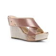 thumbnail image 1 of BLISSFUL STEP Women's Shoes Platform Wedge Cross Strap Studs Fabric Upper Open Toe Heels Sandals  Rose Gold 6, 1 of 7