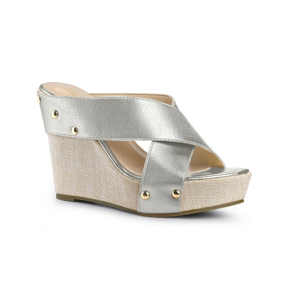 BLISSFUL STEP Women's Shoes Platform Wedge Cross Strap Studs Fabric Upper Open Toe Heels Sandals  Silver 7