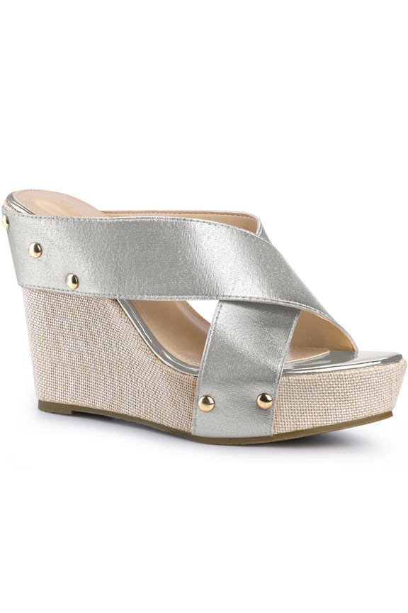 Women's Shoes Platform Wedge Cross Strap Studs Fabric Upper Open Toe Heels Sandals Silver 7