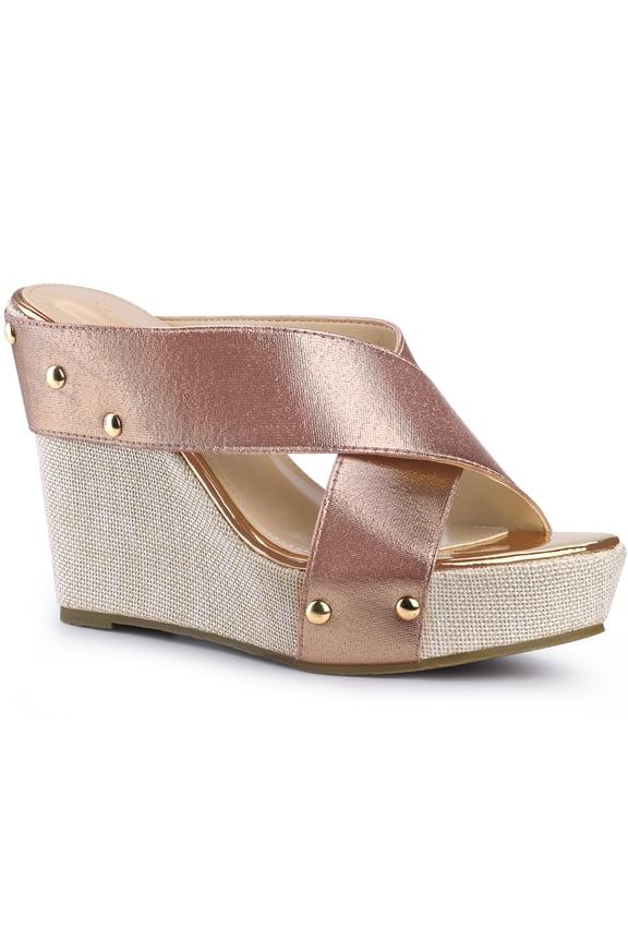 Women's Shoes Platform Wedge Cross Strap Studs Fabric Upper Open Toe Heels Sandals  Rose Gold 7.5