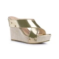 thumbnail image 1 of BLISSFUL STEP Women's Shoes Platform Wedge Cross Strap Studs Fabric Upper Open Toe Heels Sandals  Gold 6, 1 of 7