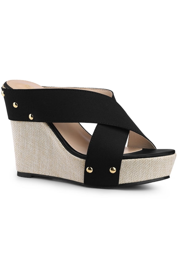 Women's Shoes Platform Wedge Cross Strap Studs Fabric Upper Open Toe Heels Sandals Black 10