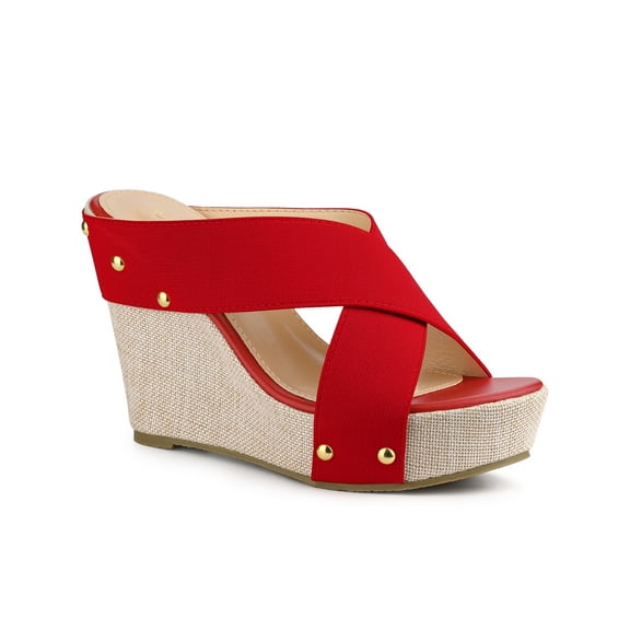BLISSFUL STEP Women's Shoes Platform Wedge Cross Strap Studs Fabric Upper Open Toe Heels Sandals  Red 7