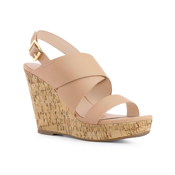 BLISSFUL STEP Open Toe Platform Wedge Heel Sandals for Women Black Nude 7