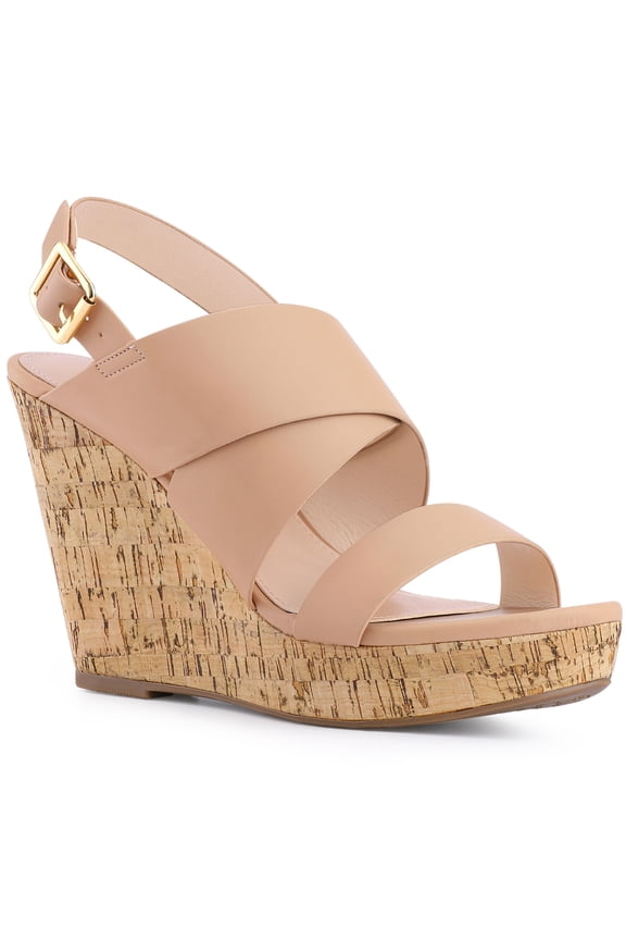 Women's Heels Wedge Platform Slingback Open Toe Faux Leather Sandals Nude 7