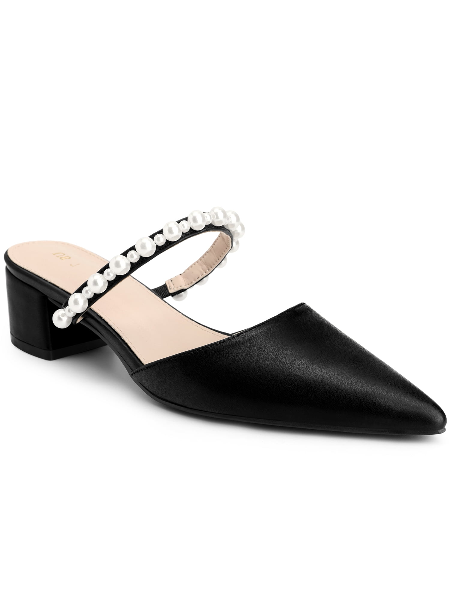 BLISSFUL STEP Pearls Strap Block Heel Sandals Slip on Backless Pumps ...