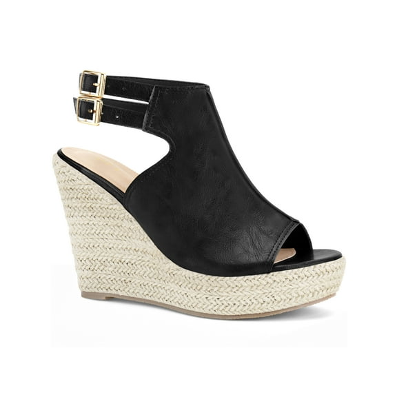BLISSFUL STEP Peep Toe Double Ankle Strap Espadrilles Platform Wedges Heel Sandals for Women Black 9.5
