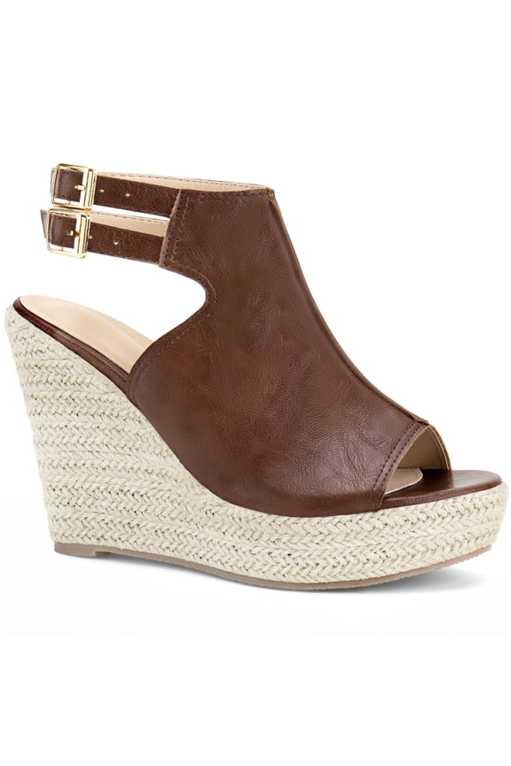 Peep Toe Double Ankle Strap Espadrilles Platform Wedges Heel Sandals for Women Brown 9.5