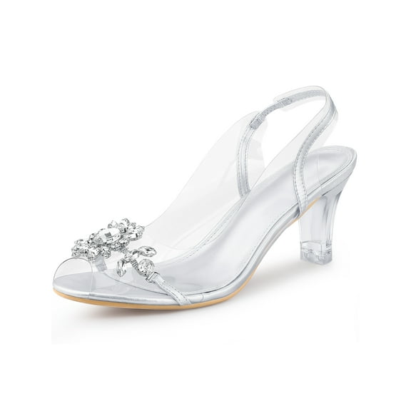 BLISSFUL STEP Peep Toe Flower Rhines Slingback Clear Block Heels Sandals for Women Silver 5.5