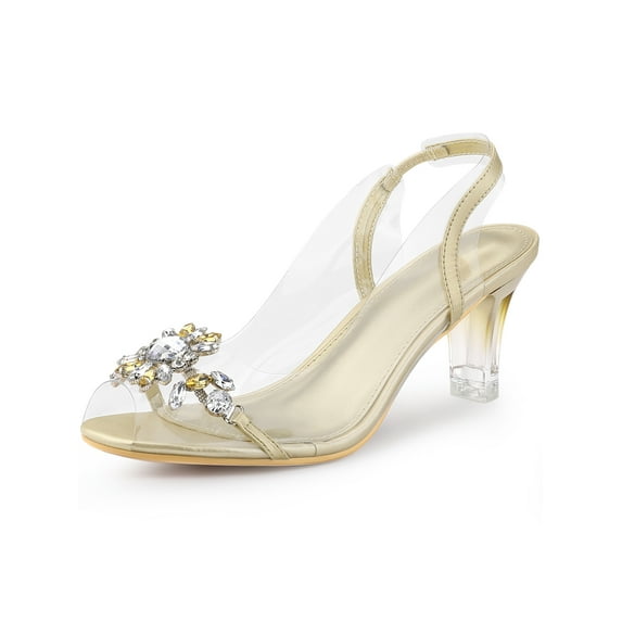 BLISSFUL STEP Mother's Day Peep Toe Flower Rhines Slingback Clear Block Heels Sandals for Women Gold 6.5