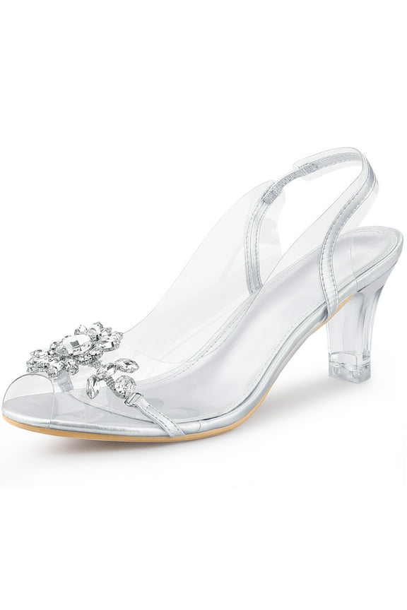 Peep Toe Flower Rhines Slingback Clear Block Heels Sandals for Women Silver 9.5