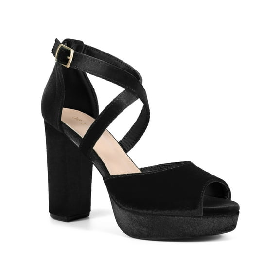BLISSFUL STEP Peep Toe Platform Velvet Crisscross Strap Block Heel Sandals for Women Black 9