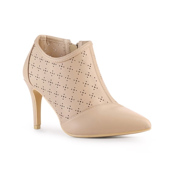 BLISSFUL STEP Perforated Pointed Toe Zipper Stiletto Heels Ankle Boots for Women Nude 7.5