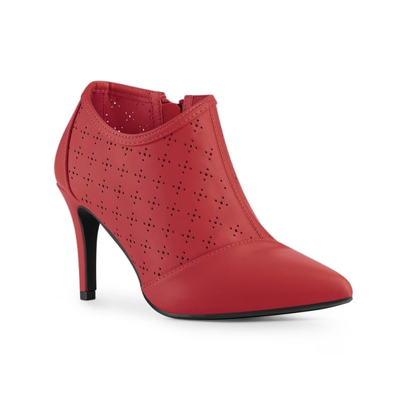 BLISSFUL STEP Perforated Pointed Toe Zipper Stiletto Heels Ankle Boots for Women Red 6