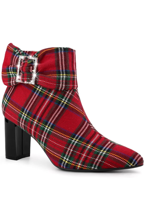 Valentine's Women's Plaid Chunky Heel Pointy Toe Rhinestone Bow Ankle Boots Red 8