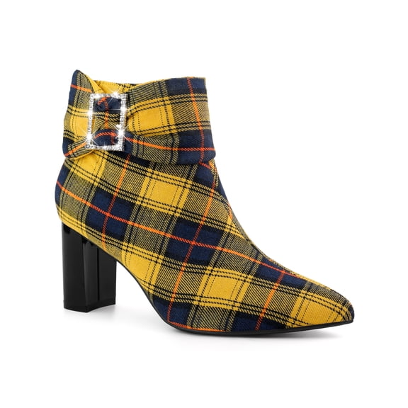 BLISSFUL STEP Women's Plaid Chunky Heel Pointy Toe Rhinestone Bow Ankle Boots Yellow 10