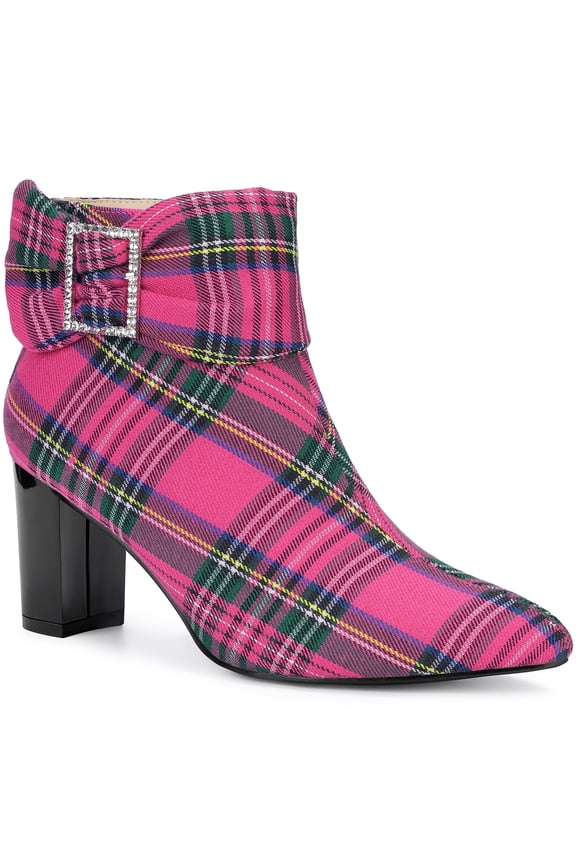 Valentine's Women's Plaid Chunky Heel Pointy Toe Rhinestone Bow Ankle Boots Purple 10
