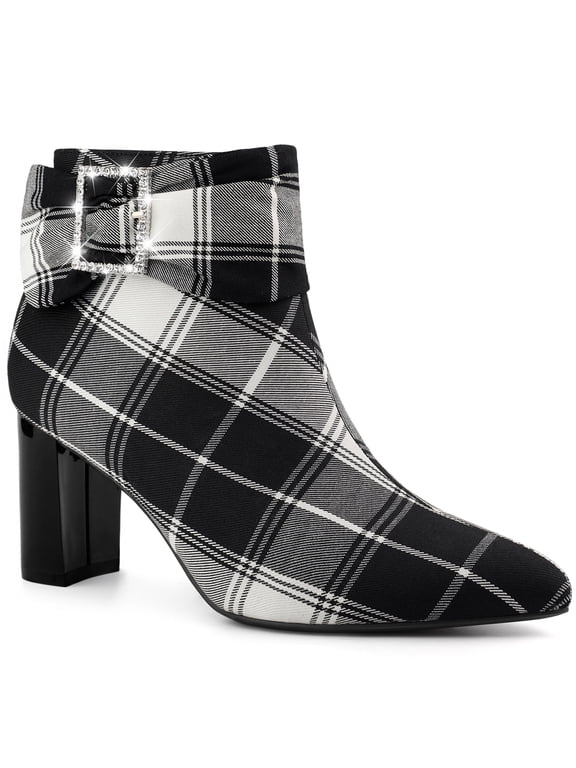 Halloween Women's Plaid Chunky Heel Pointy Toe Rhinestone Bow Ankle Boots Black 6