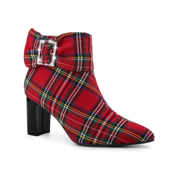 BLISSFUL STEP Valentine's Women's Plaid Chunky Heel Pointy Toe Rhinestone Bow Ankle Boots Red 7