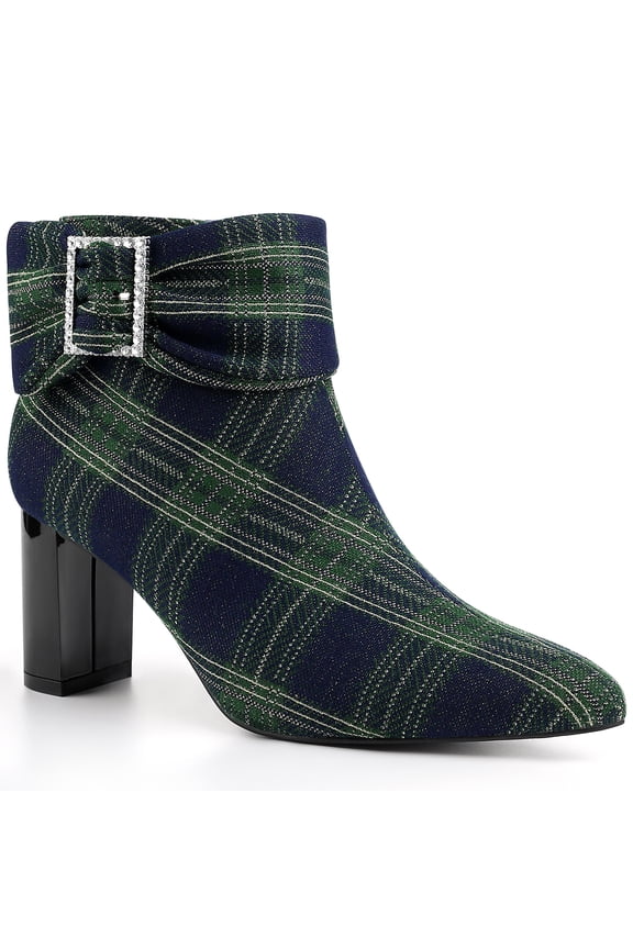 Valentine's Women's Plaid Chunky Heel Pointy Toe Rhinestone Bow Ankle Boots Blue Green 8
