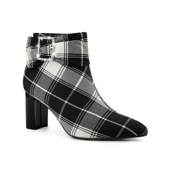 BLISSFUL STEP Valentine's Women's Plaid Chunky Heel Pointy Toe Rhinestone Bow Ankle Boots Black 7
