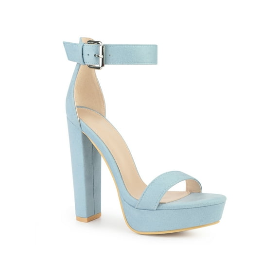 BLISSFUL STEP Women's Shoes Faux Suede Platform Block Heel Ankle Strap Buckle Open Toe Sandals Light Blue 8
