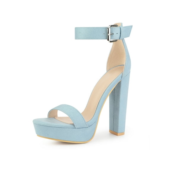 BLISSFUL STEP Women's Shoes Faux Suede Platform Block Heel Ankle Strap Buckle Open Toe Sandals Light Blue 9