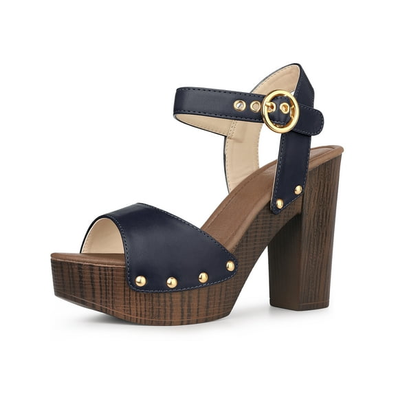 BLISSFUL STEP Platform Ankle Strap Block Heels Sandals for Women Navy Blue 10