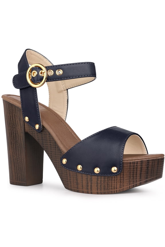 Platform Ankle Strap Block Heels Sandals for Women Navy Blue 7