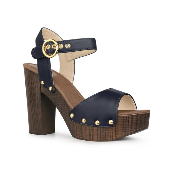 BLISSFUL STEP Platform Ankle Strap Block Heels Sandals for Women Navy Blue 9.5