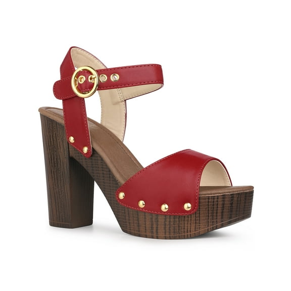 BLISSFUL STEP Platform Ankle Strap Block Heels Sandals for Women Red 10