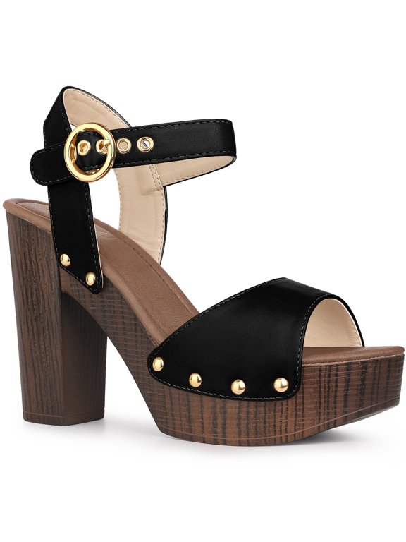 Platform Ankle Strap Block Heels Sandals for Women Black 10