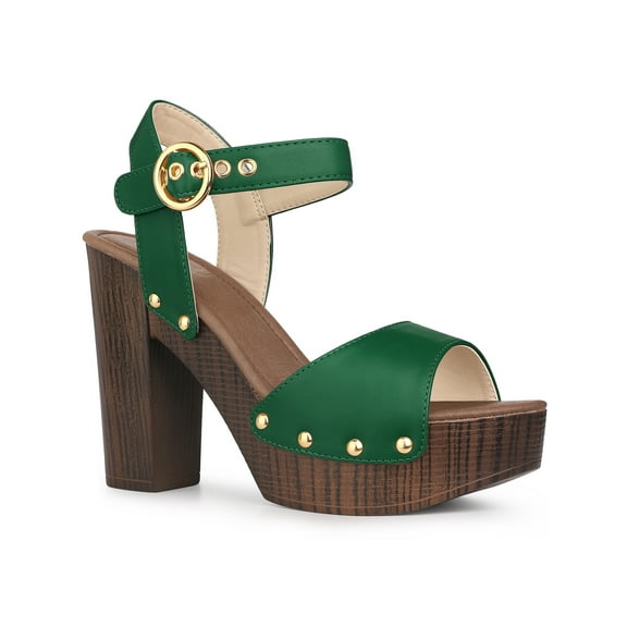 BLISSFUL STEP Platform Ankle Strap Block Heels Sandals for Women Green 9.5