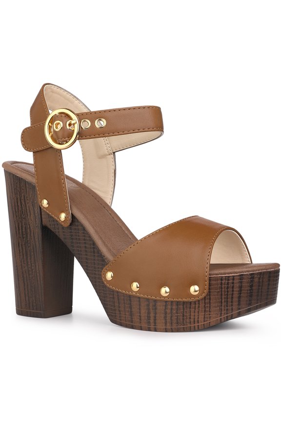 Platform Ankle Strap Block Heels Sandals for Women Brown 8