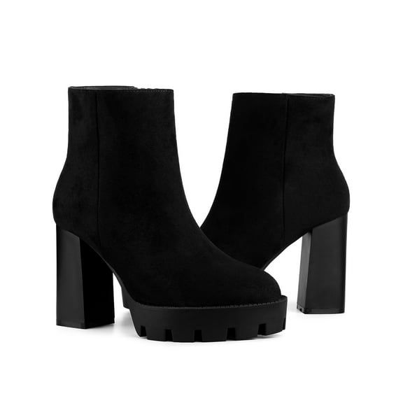 BLISSFUL STEP Platform Boots Round Toe Side Zip Block Heels Ankle Boots for Women