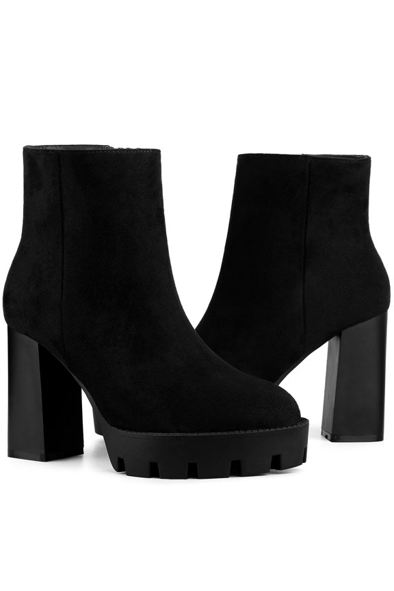 Platform Boots Round Toe Side Zip Block Heels Ankle Boots for Women