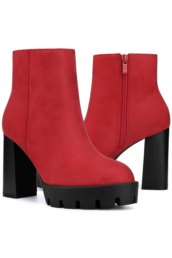 Platform Boots Round Toe Side Zip Block Heels Ankle Boots for Women