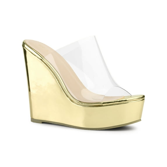 BLISSFUL STEP Platform Clear Strap Wedge Heel Slide Sandals for Women Gold 8