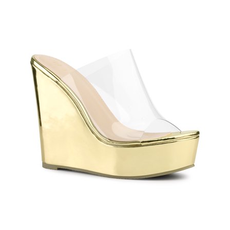 BLISSFUL STEP Platform Clear Strap Wedge Heel Slide Sandals for Women Gold 9.5