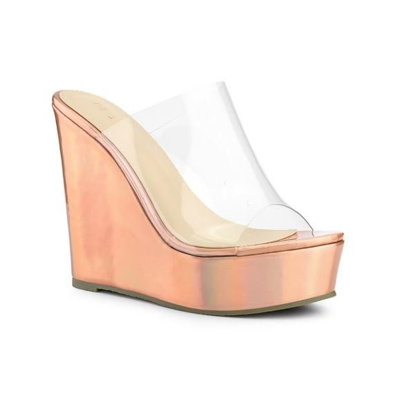 BLISSFUL STEP Platform Clear Strap Wedge Heel Slide Sandals for Women Rose Gold 9.5