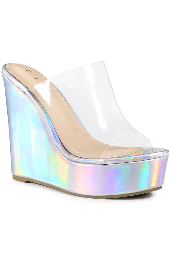 Platform Clear Strap Wedge Heel Slide Sandals for Women Silver 6.5
