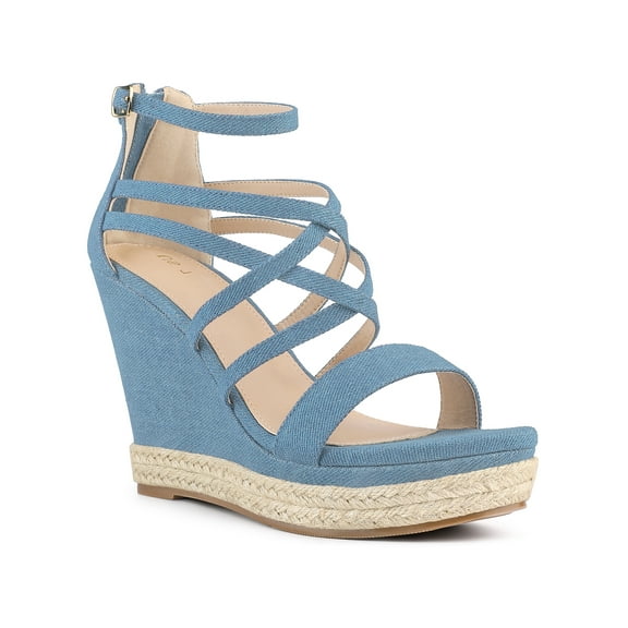 BLISSFUL STEP Platform Denim Strappy Wedge Heel Sandals for Women