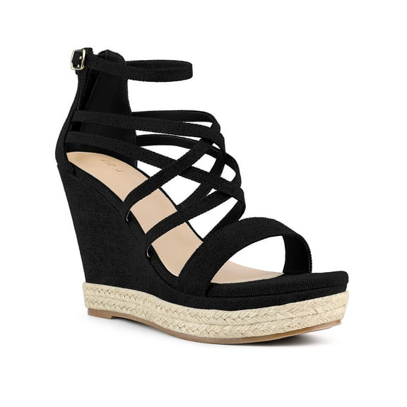 BLISSFUL STEP Platform Denim Strappy Wedge Heel Sandals for Women
