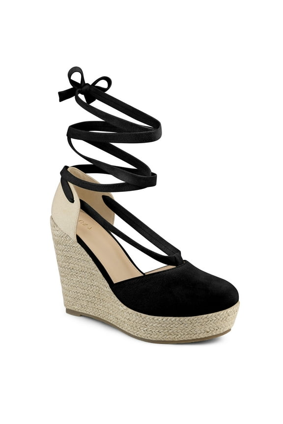 Women's Shoes Retro Espadrille Wedge Closed Toe Tie Up Suede Linen Sandals Black 7
